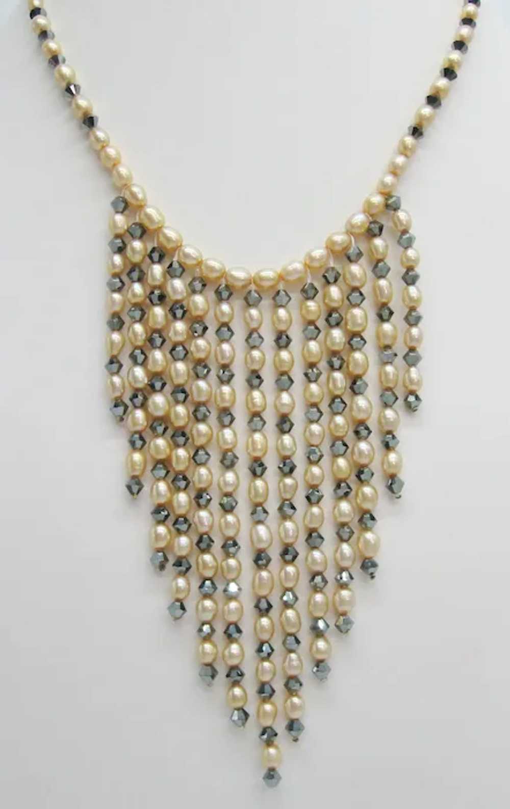 Vintage Simulated Pearl and Grey Crystal Waterfal… - image 2