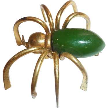 Vintage Czech Green Glass Spider Brooch Gilt Metal 