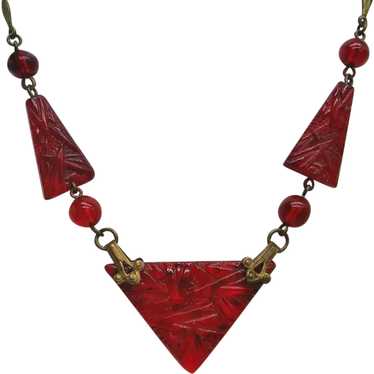 Czech Red Pressed Glass Bead Necklace - Garden Party Collection Vintage  Jewelry