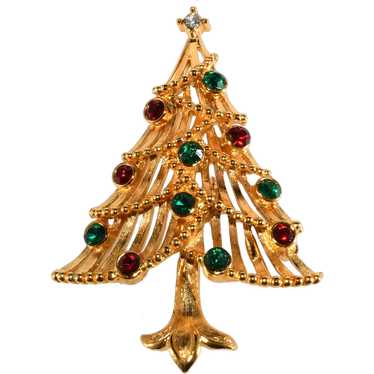 Christmas Tree Pin Red Green Rhinestones Gold Pla… - image 1