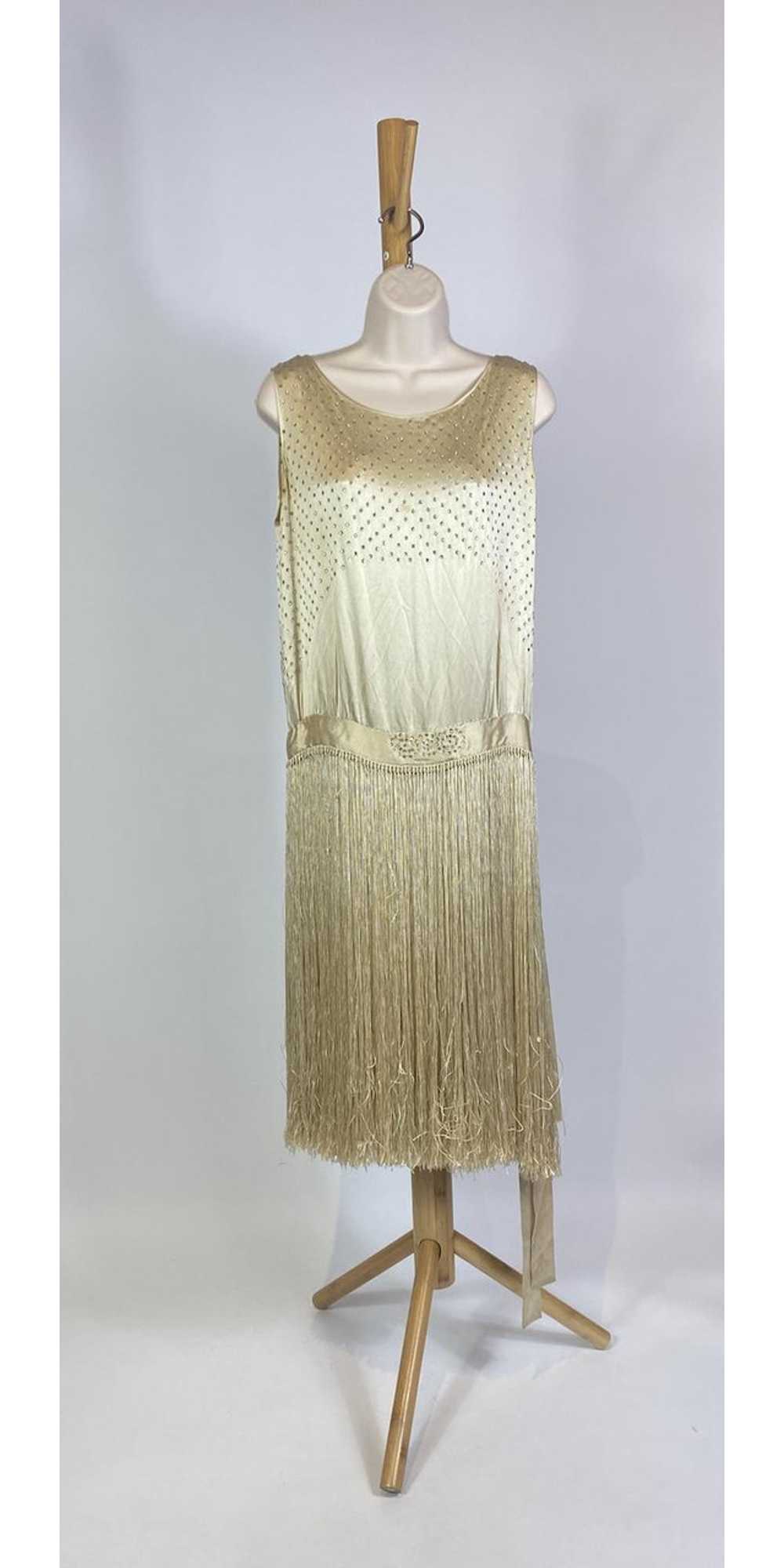 1920s Champagne Silk Rhinestone Fringe Flapper Dress - Gem