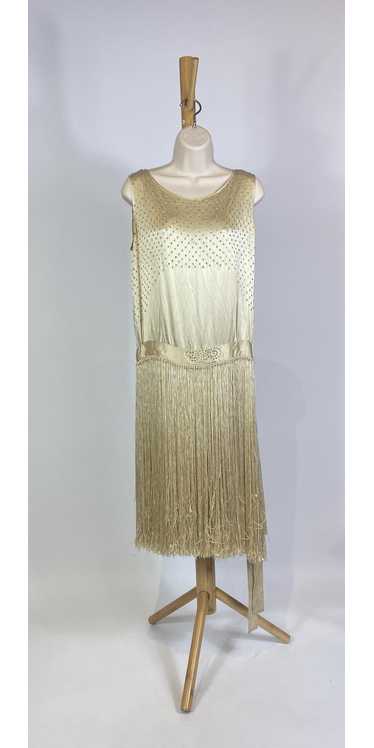 1920s Champagne Silk Rhinestone Fringe Flapper Dre