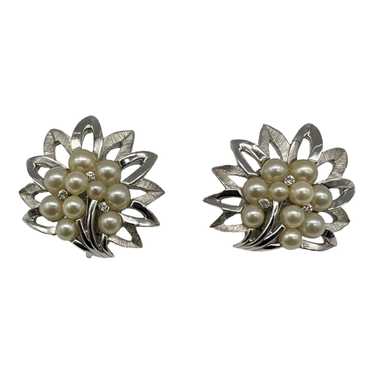 Trifari Faux Pearl and Rhinestone Earrings - image 1
