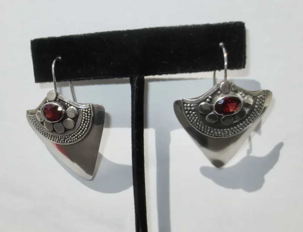 Sterling Silver Earrings on Post with Garnet Sett… - image 4