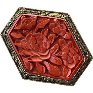 1930's Chinese Carved Cinnabar Red Lacquer Hexagon
