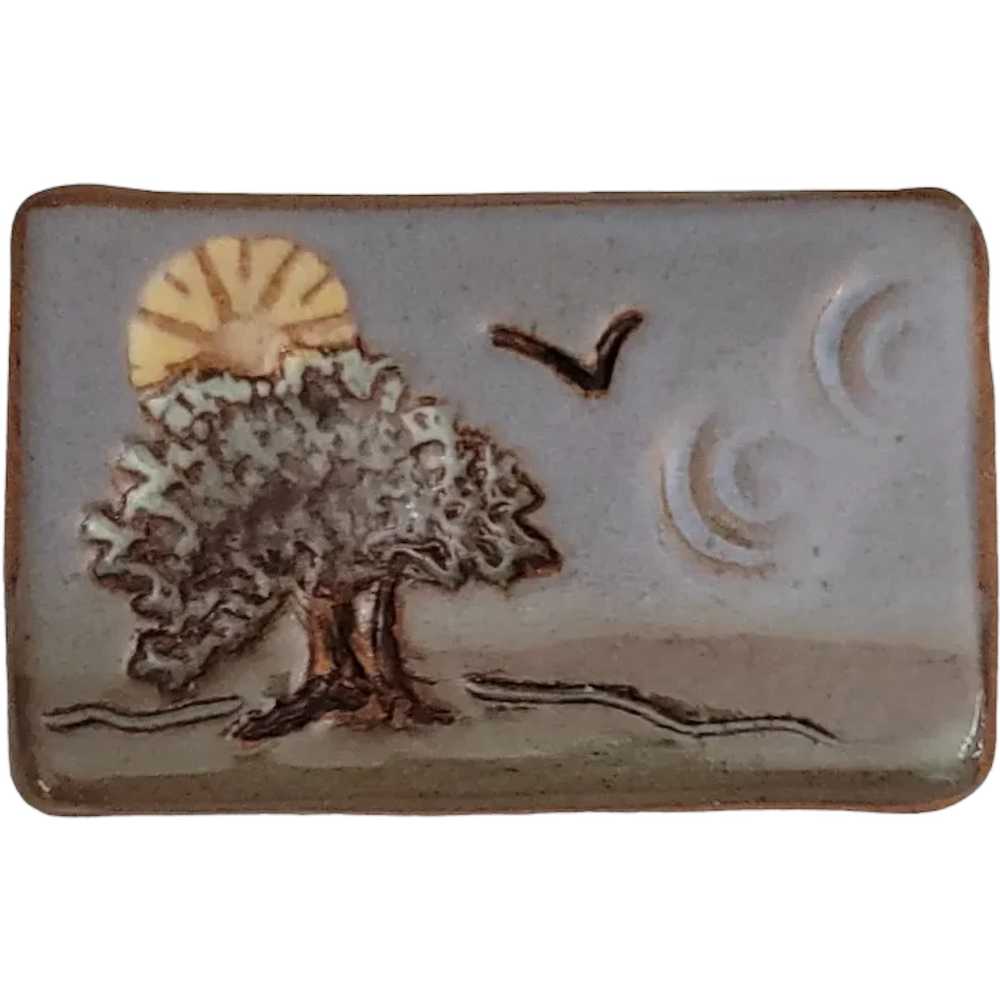 Artisan Clay Pottery Enamel Tree Scene Brooch Pin… - image 1