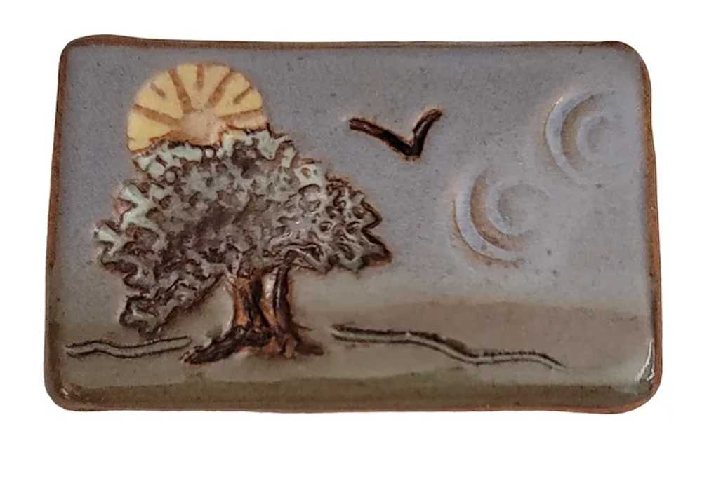 Artisan Clay Pottery Enamel Tree Scene Brooch Pin… - image 2