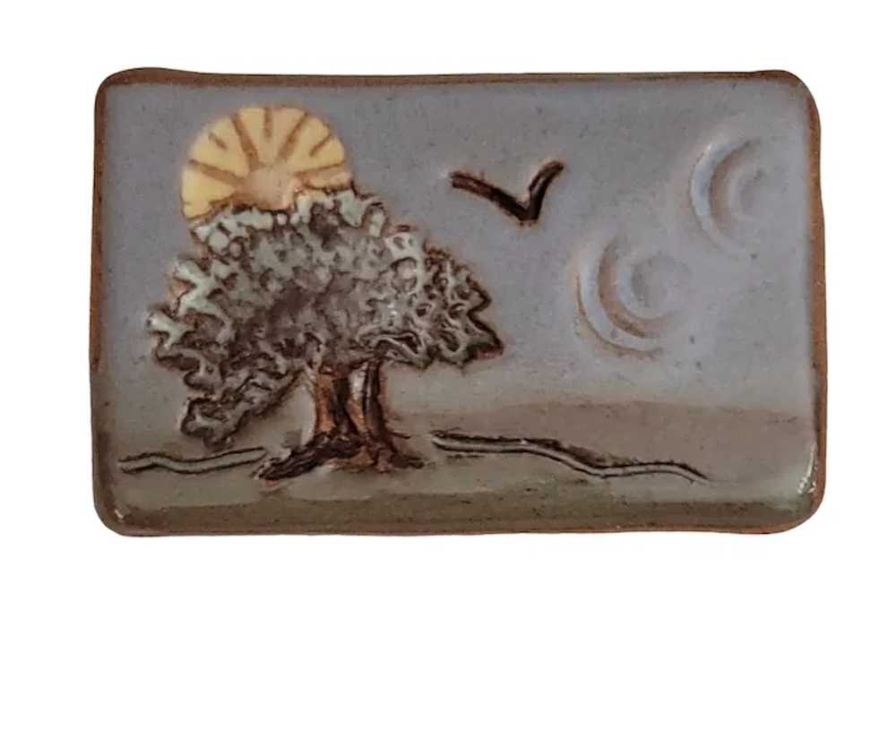 Artisan Clay Pottery Enamel Tree Scene Brooch Pin… - image 8