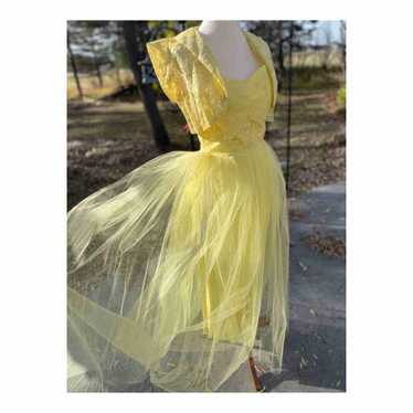 1950s Yellow Formal Dress Matching Bolero Lace Tu… - image 1