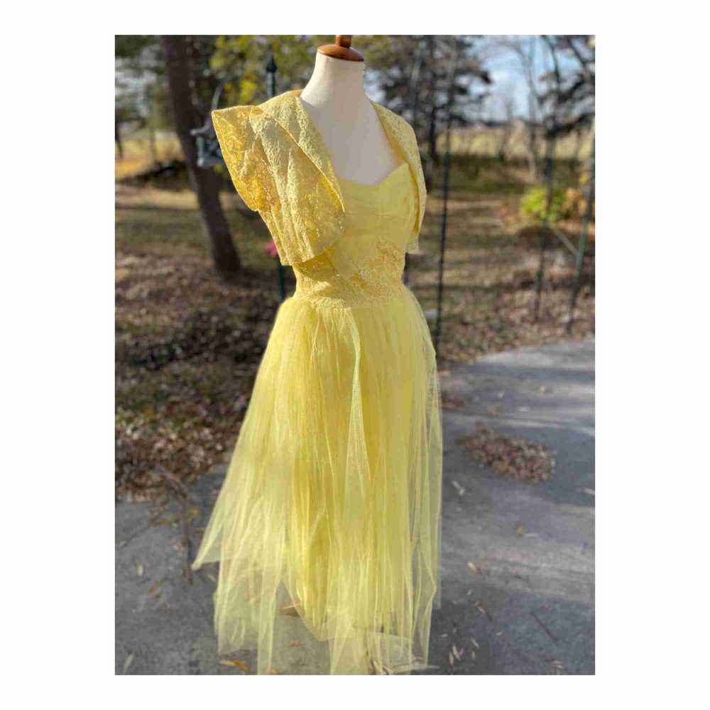 1950s Yellow Formal Dress Matching Bolero Lace Tu… - image 2