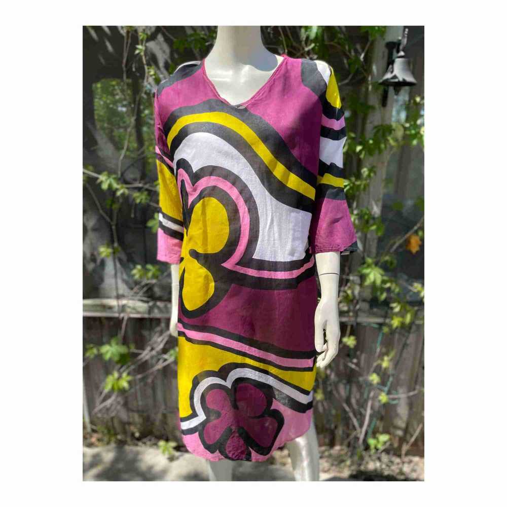 Vintage Sheer Funky Tunic Dress Floral Color Bloc… - image 1