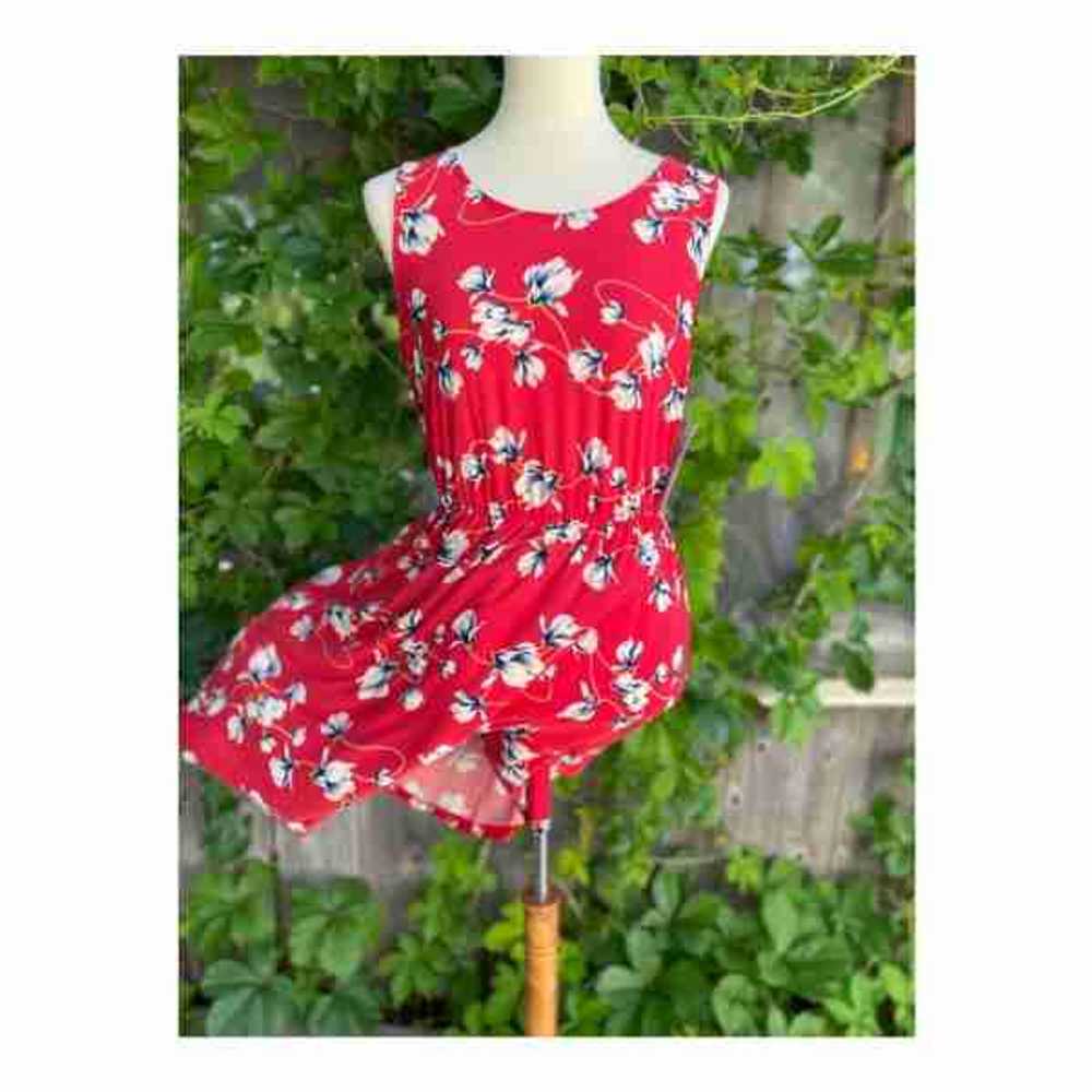 French Grey Red Floral Jersey Knit Tank Swing Dre… - image 1