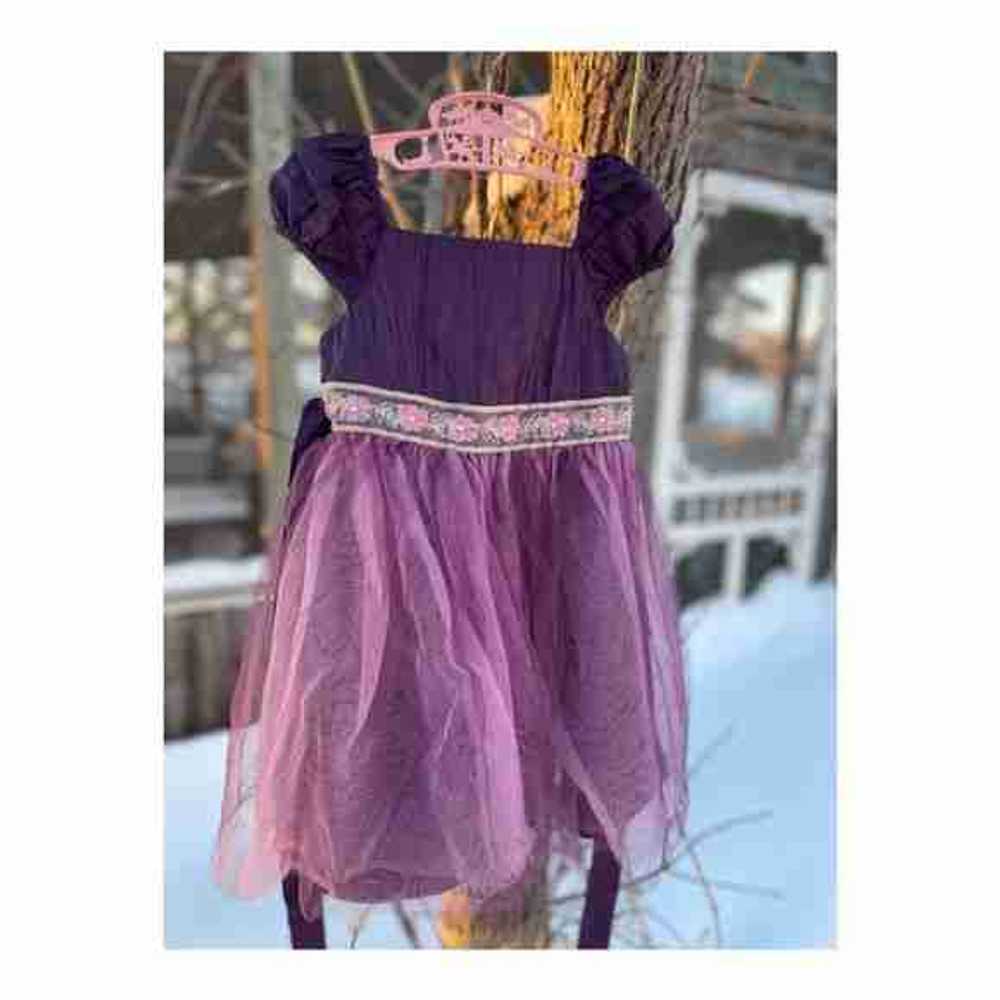 Laura Ashley Purple Dress Satin Chiffon Belted Ca… - image 1