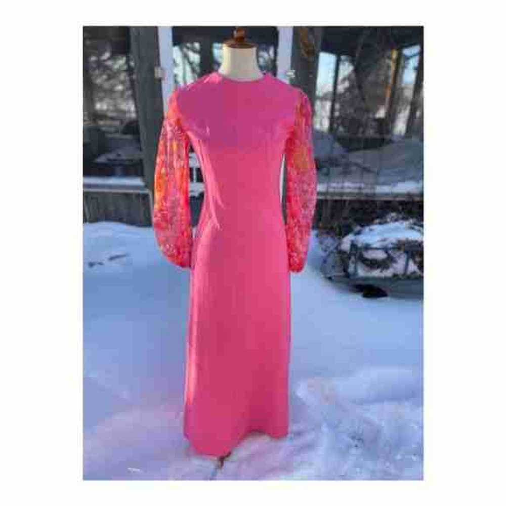 Vintage 70s Maxi Dress Hot Pink Sheer Floral Neon… - image 1