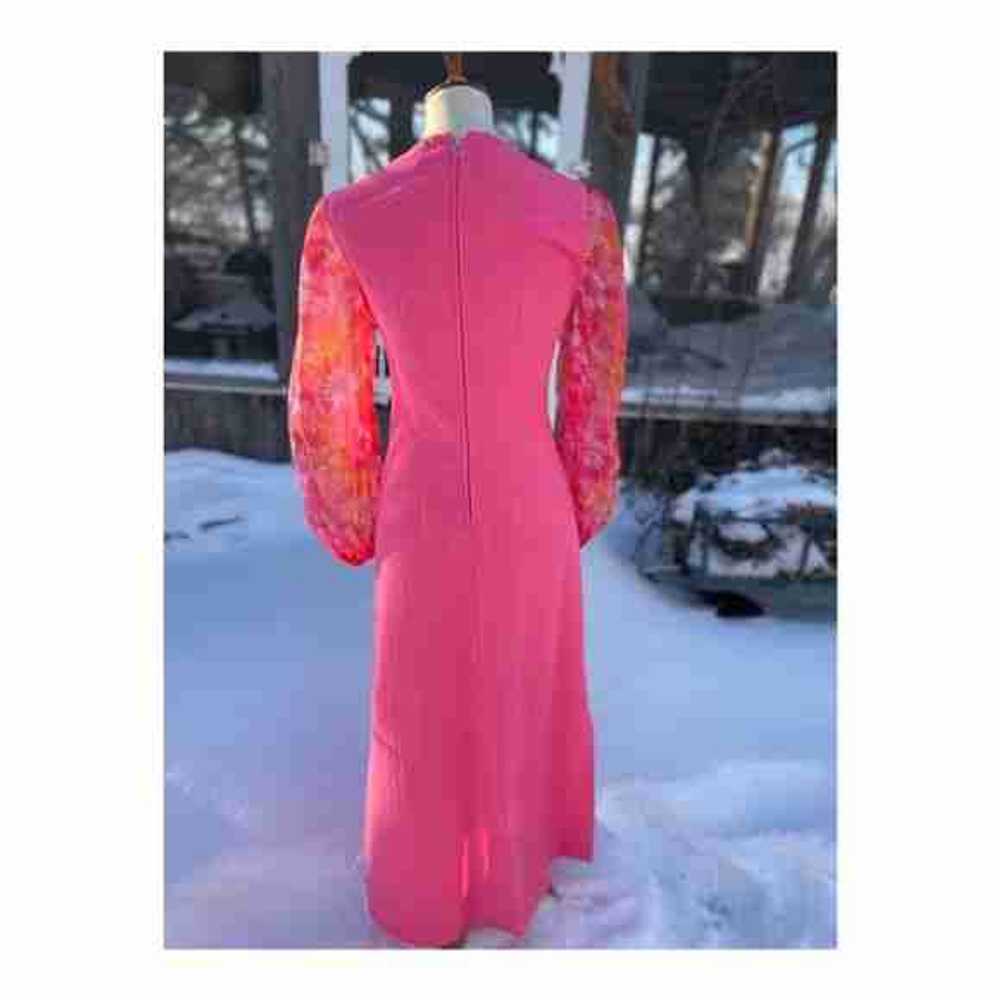 Vintage 70s Maxi Dress Hot Pink Sheer Floral Neon… - image 3