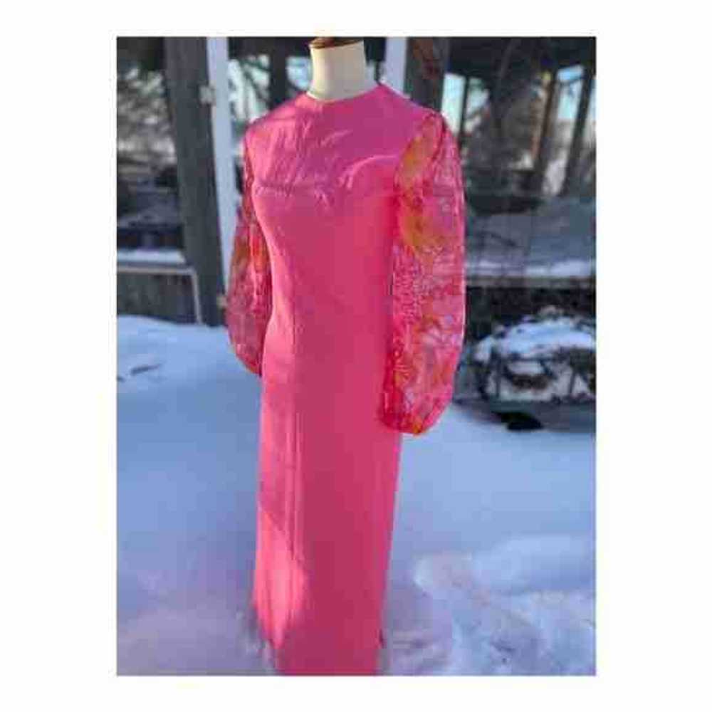 Vintage 70s Maxi Dress Hot Pink Sheer Floral Neon… - image 5