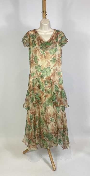 1930s Floral Print Silk Chiffon Ruffle Sleeve Dre… - image 1