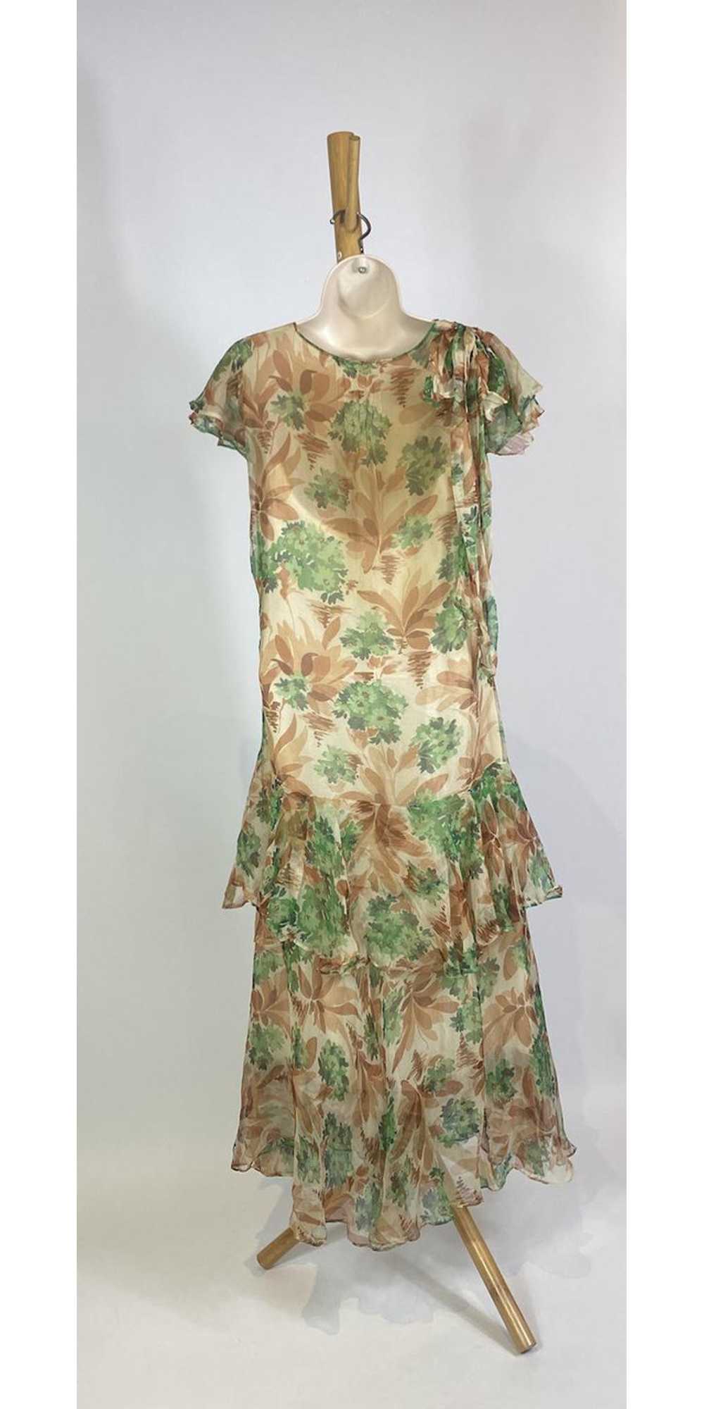 1930s Floral Print Silk Chiffon Ruffle Sleeve Dre… - image 8