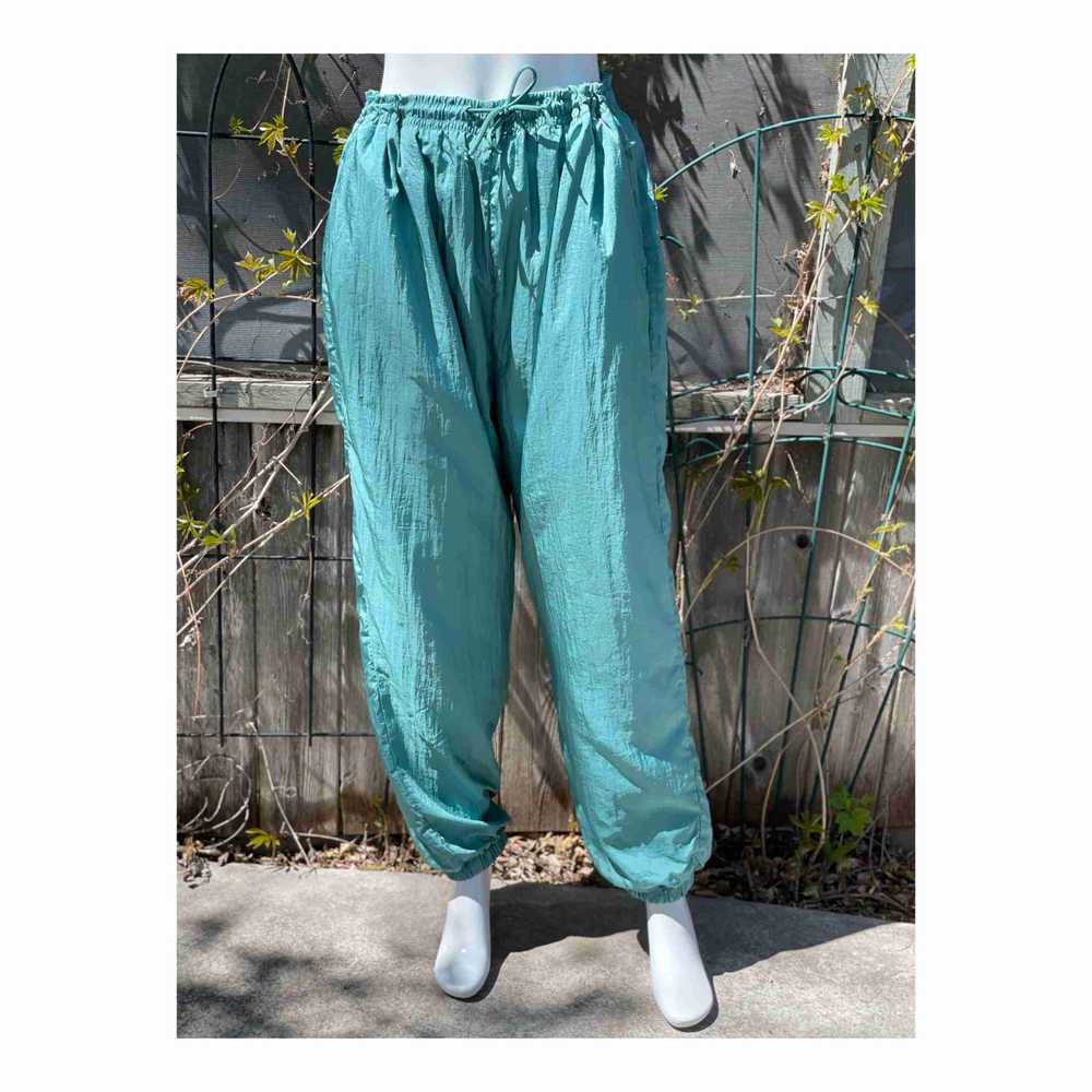 Vintage 80s 90s Track Pants Nylon Teal Lined Jogg… - image 1