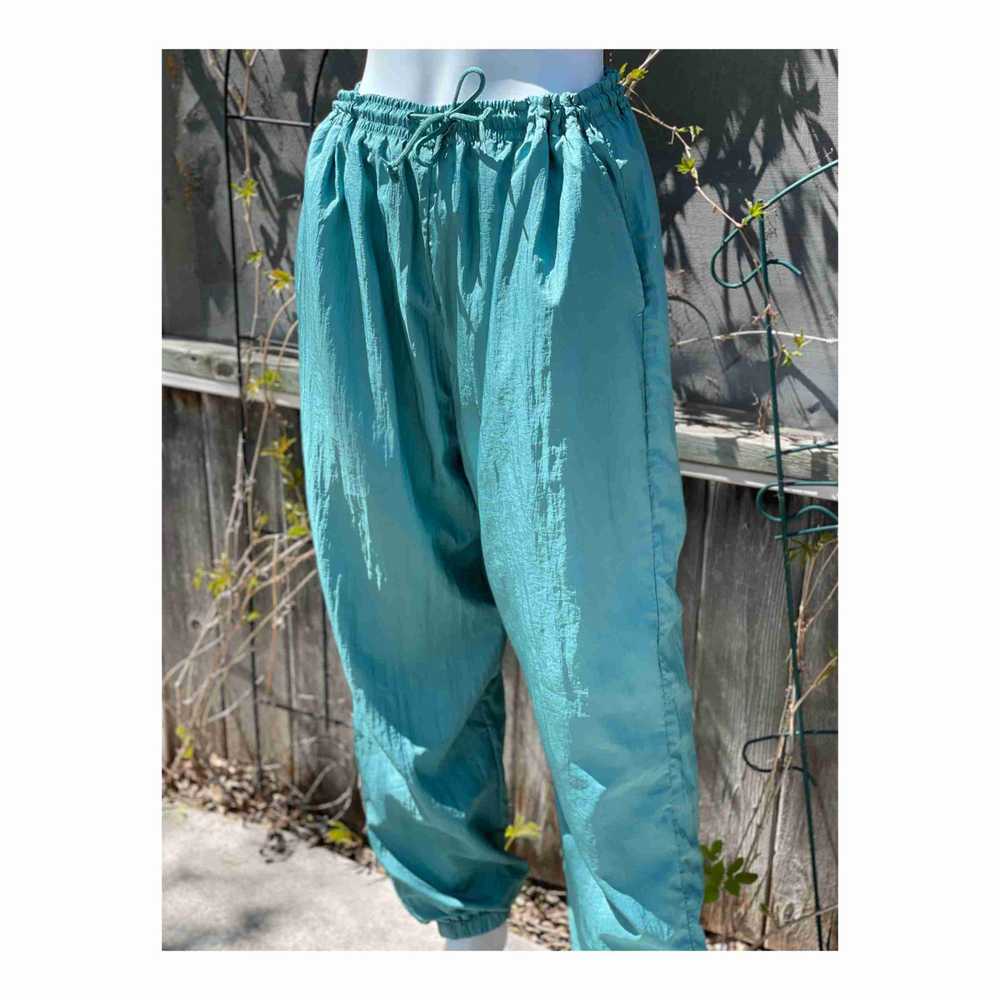 Vintage 80s 90s Track Pants Nylon Teal Lined Jogg… - image 2