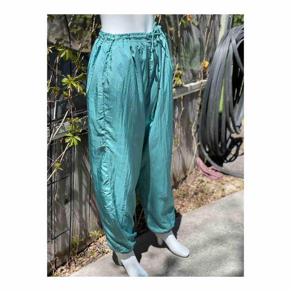 Vintage 80s 90s Track Pants Nylon Teal Lined Jogg… - image 4