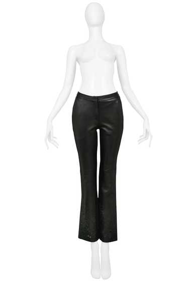 VERSACE BLACK LEATHER PANTS WITH FLORAL LASER CUTO