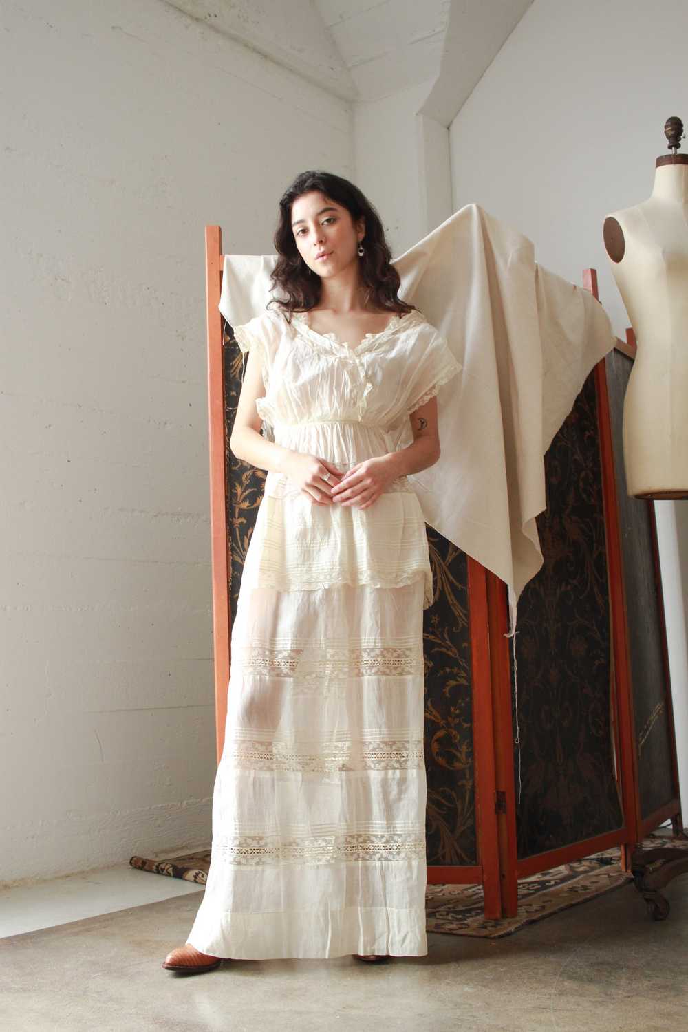 Edwardian Cotton Batiste Tiered Lace Dress - image 2