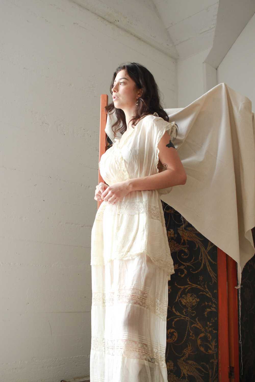 Edwardian Cotton Batiste Tiered Lace Dress - image 5