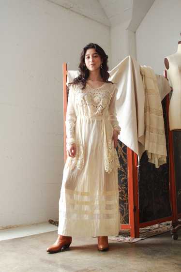 Edwardian Ecru Cotton Embroidered Tiered Lawn Dres