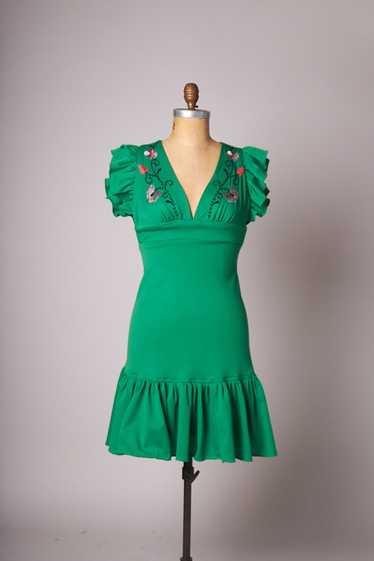 Vintage 1970s Ruffle Green Embroidered Dress