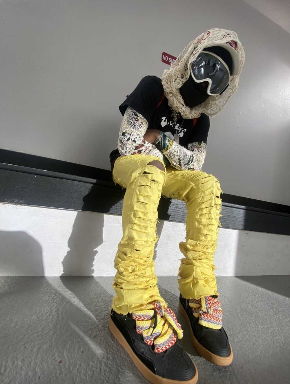 Custom × Streetwear Yellow distressed stacked jea… - image 3