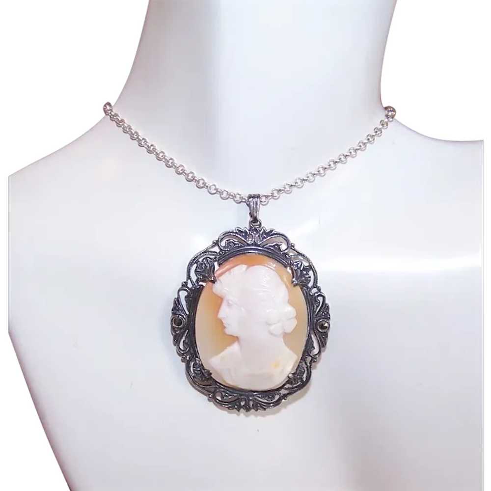 Victorian Revival Sterling Silver Shell Cameo Pen… - image 1