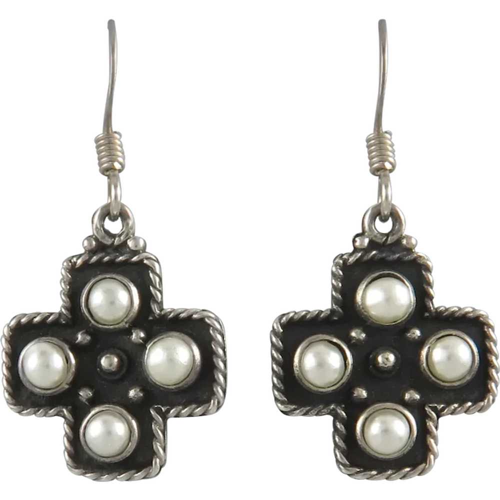 Sterling Silver Cultured Pearl Cross Earrings - image 1
