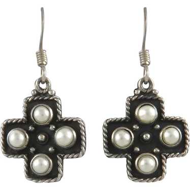 Sterling Silver Cultured Pearl Cross Earrings - image 1