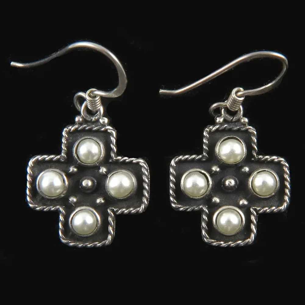 Sterling Silver Cultured Pearl Cross Earrings - image 2