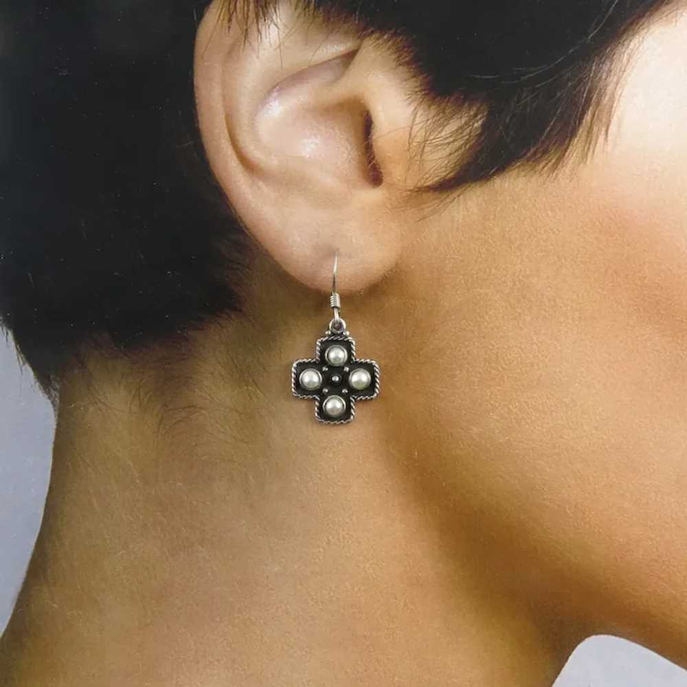 Sterling Silver Cultured Pearl Cross Earrings - image 3
