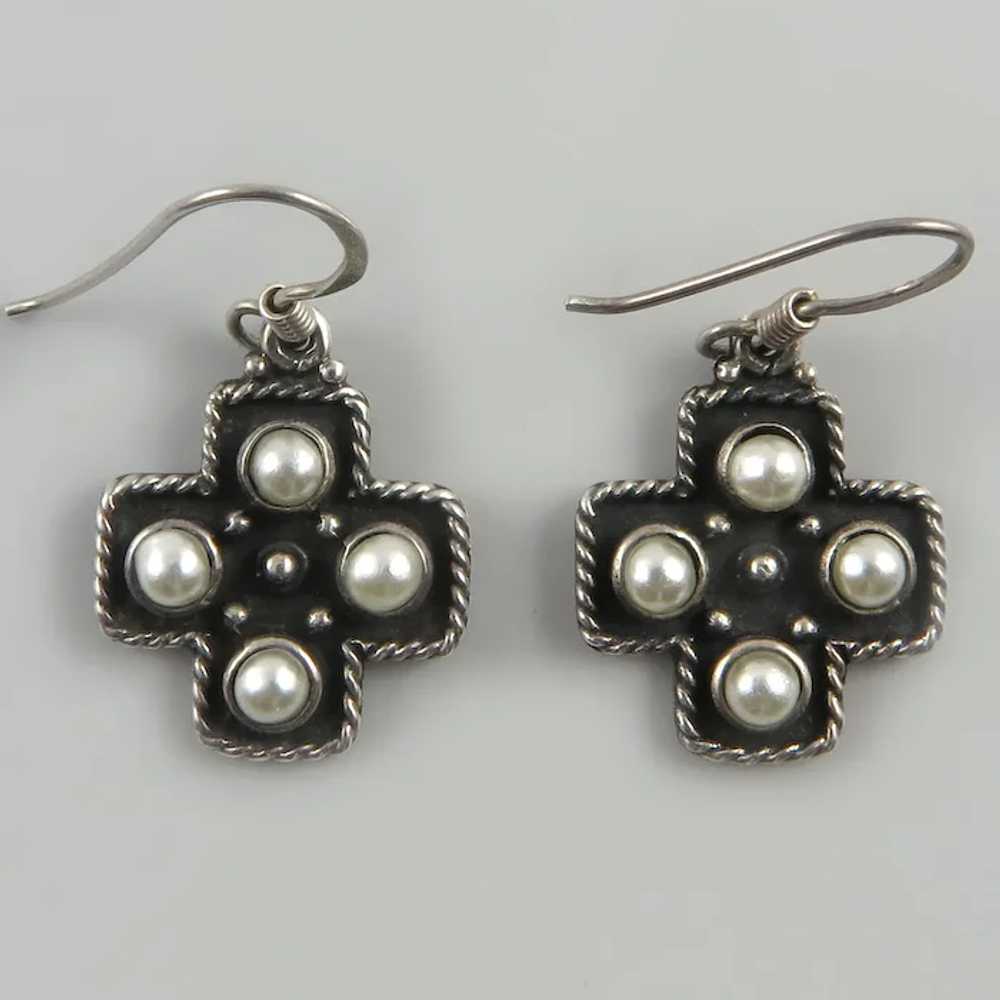 Sterling Silver Cultured Pearl Cross Earrings - image 4