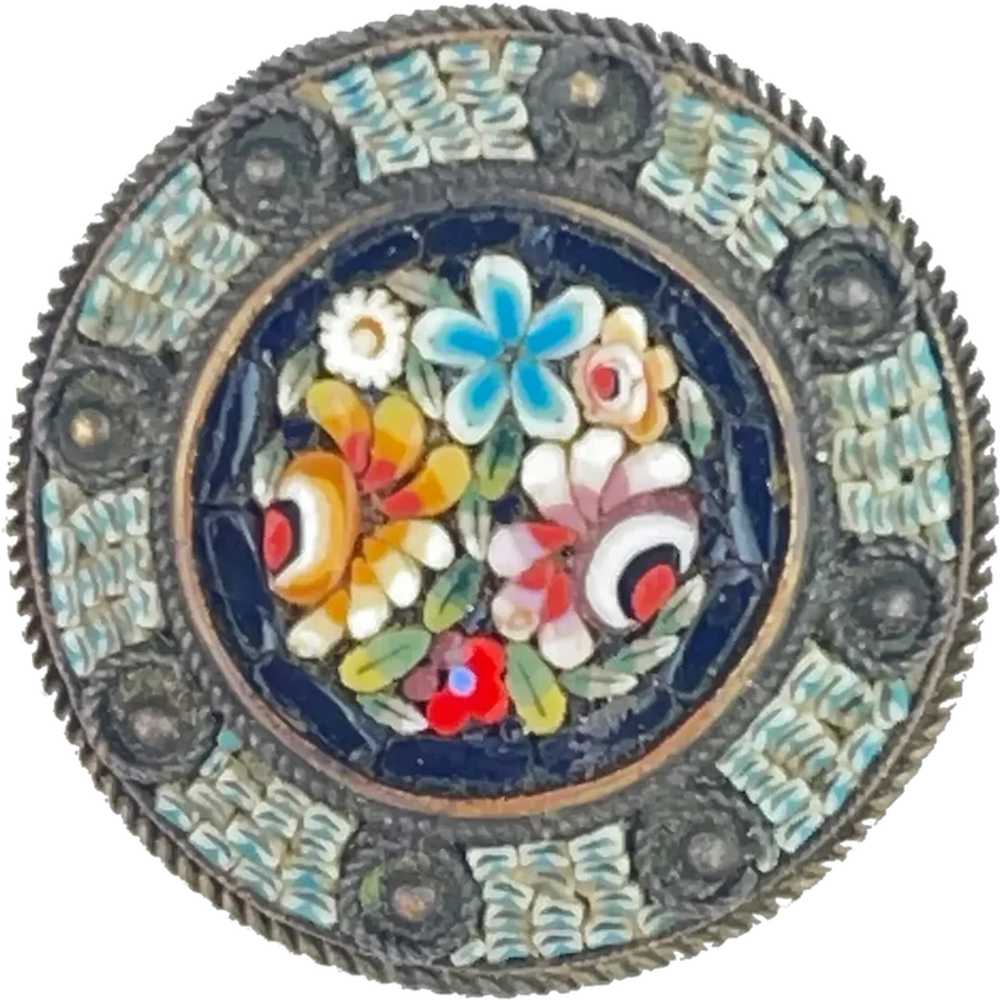 Micro Mosaic Floral Brooch Geometric Border Italy - image 1