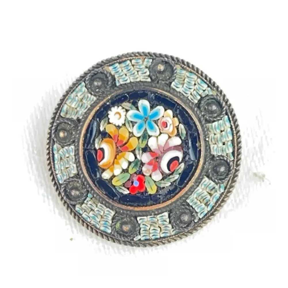 Micro Mosaic Floral Brooch Geometric Border Italy - image 2