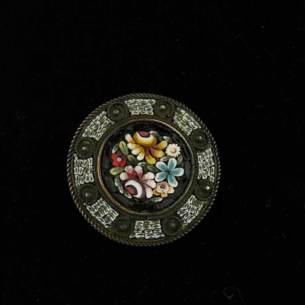 Micro Mosaic Floral Brooch Geometric Border Italy - image 3