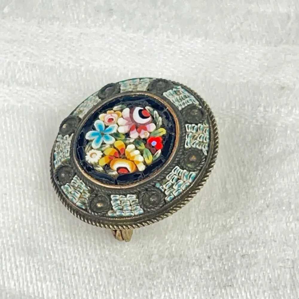 Micro Mosaic Floral Brooch Geometric Border Italy - image 5