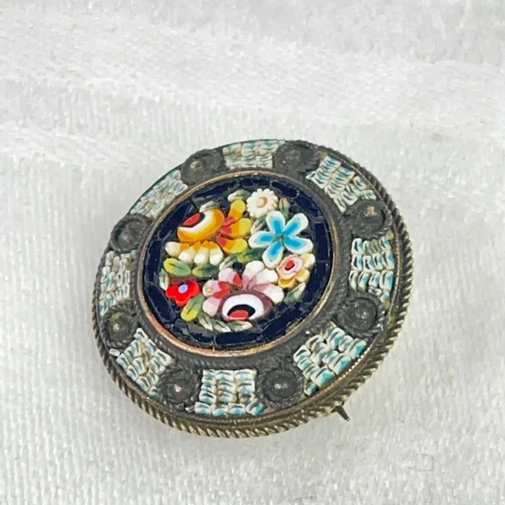 Micro Mosaic Floral Brooch Geometric Border Italy - image 7