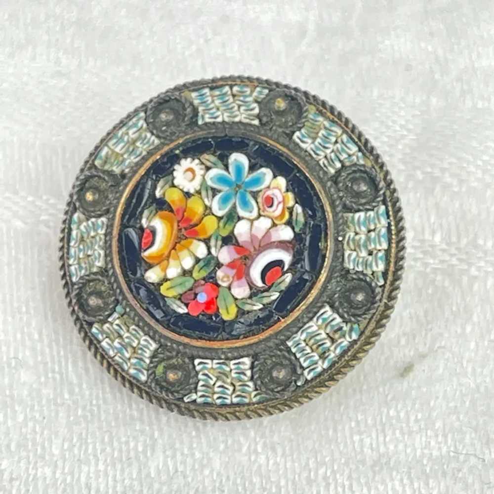 Micro Mosaic Floral Brooch Geometric Border Italy - image 8