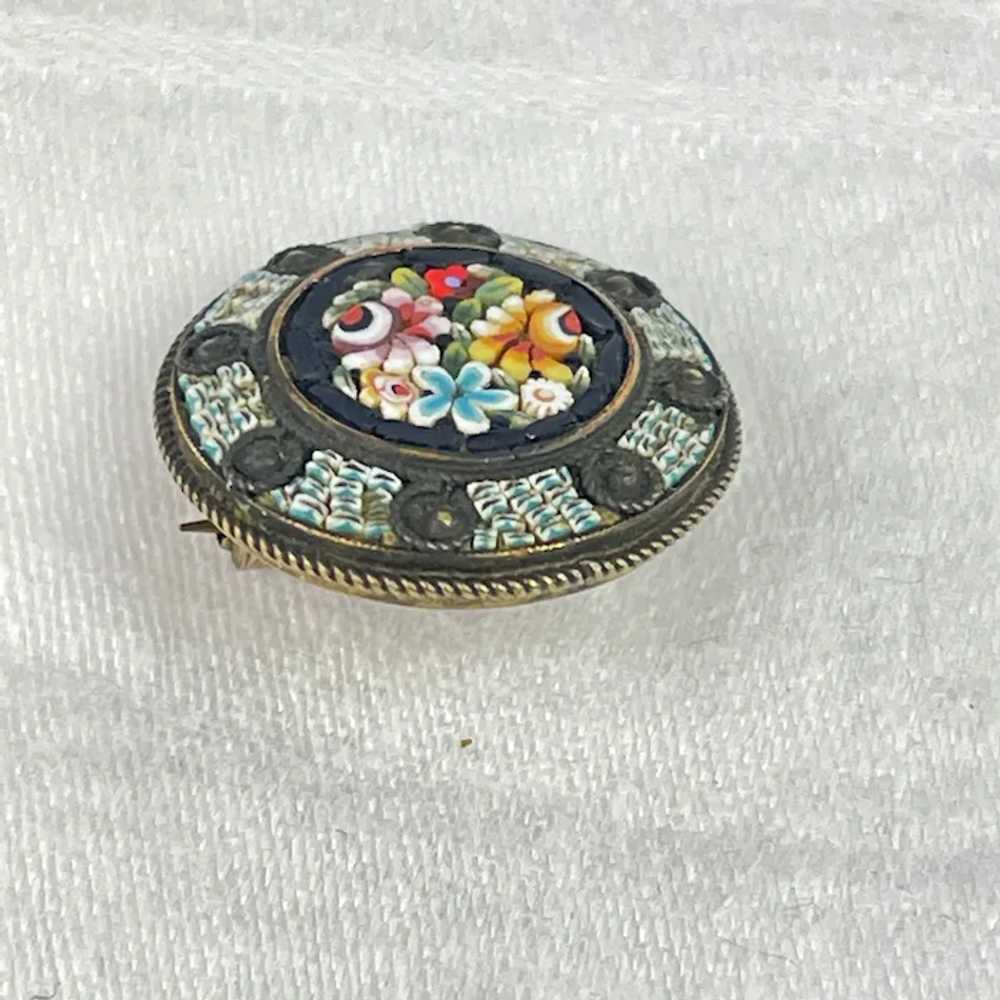 Micro Mosaic Floral Brooch Geometric Border Italy - image 9