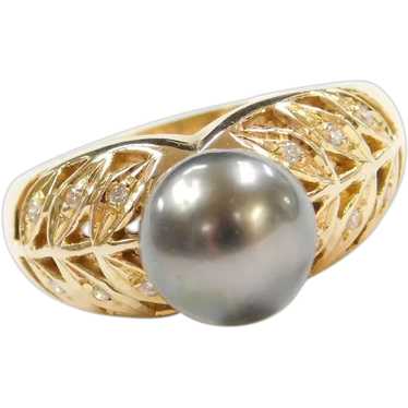 Black Tahitian Cultured Pearl & Diamond Ring 14K … - image 1