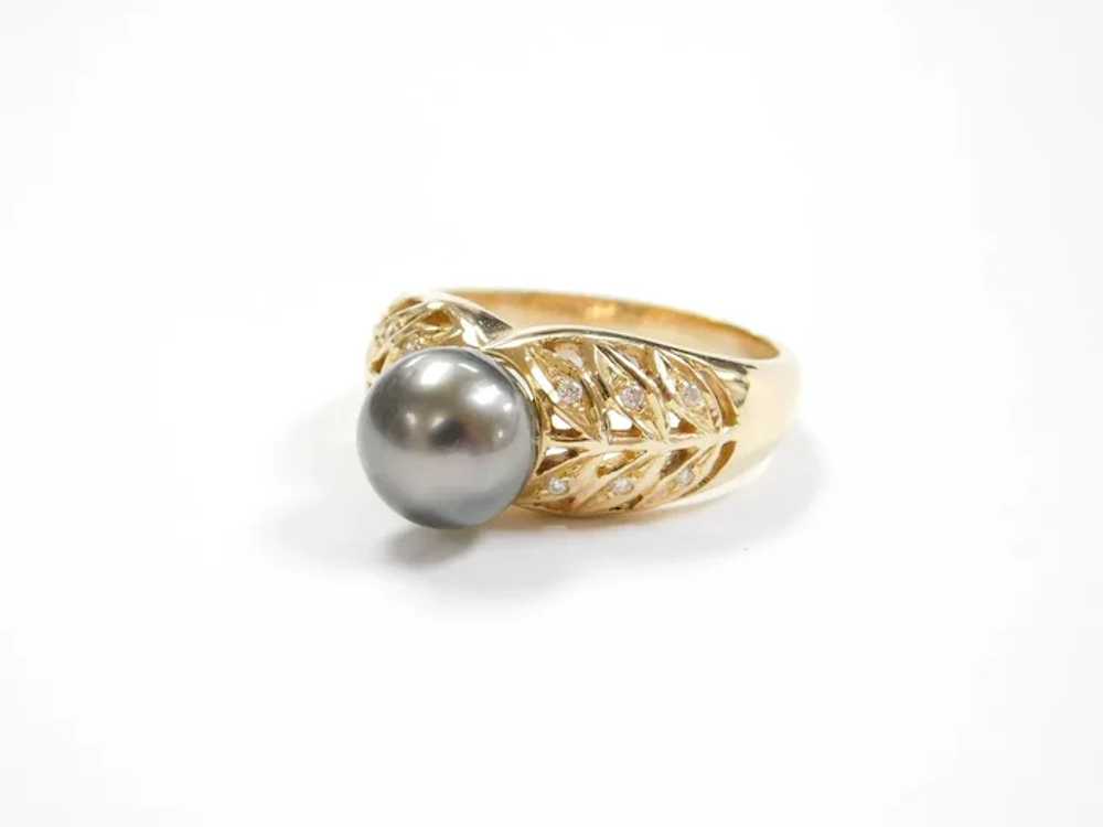 Black Tahitian Cultured Pearl & Diamond Ring 14K … - image 2