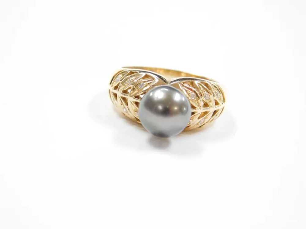Black Tahitian Cultured Pearl & Diamond Ring 14K … - image 3