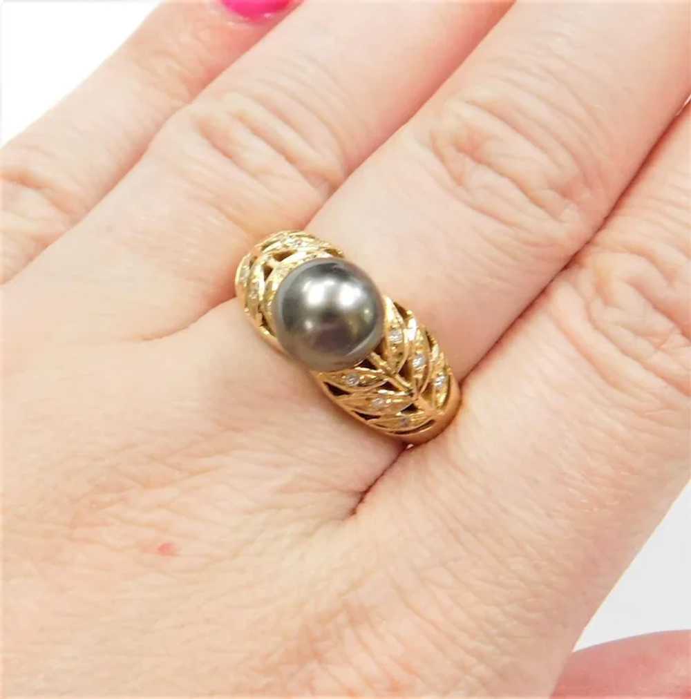 Black Tahitian Cultured Pearl & Diamond Ring 14K … - image 7