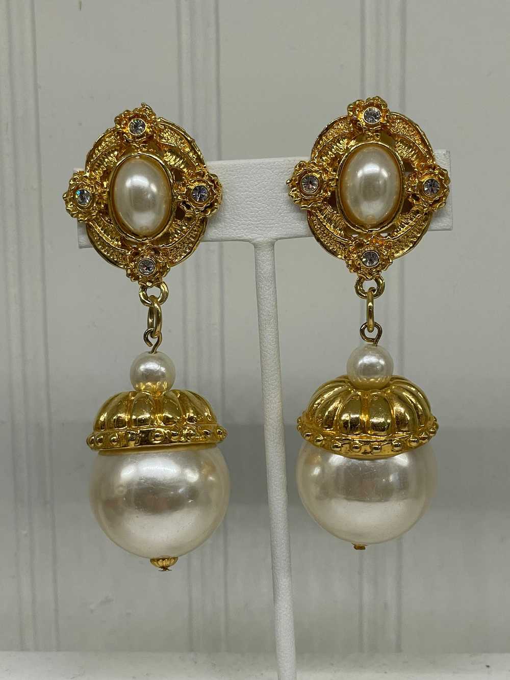 Large Gold Pearl and Rhinestone Earrings - image 1
