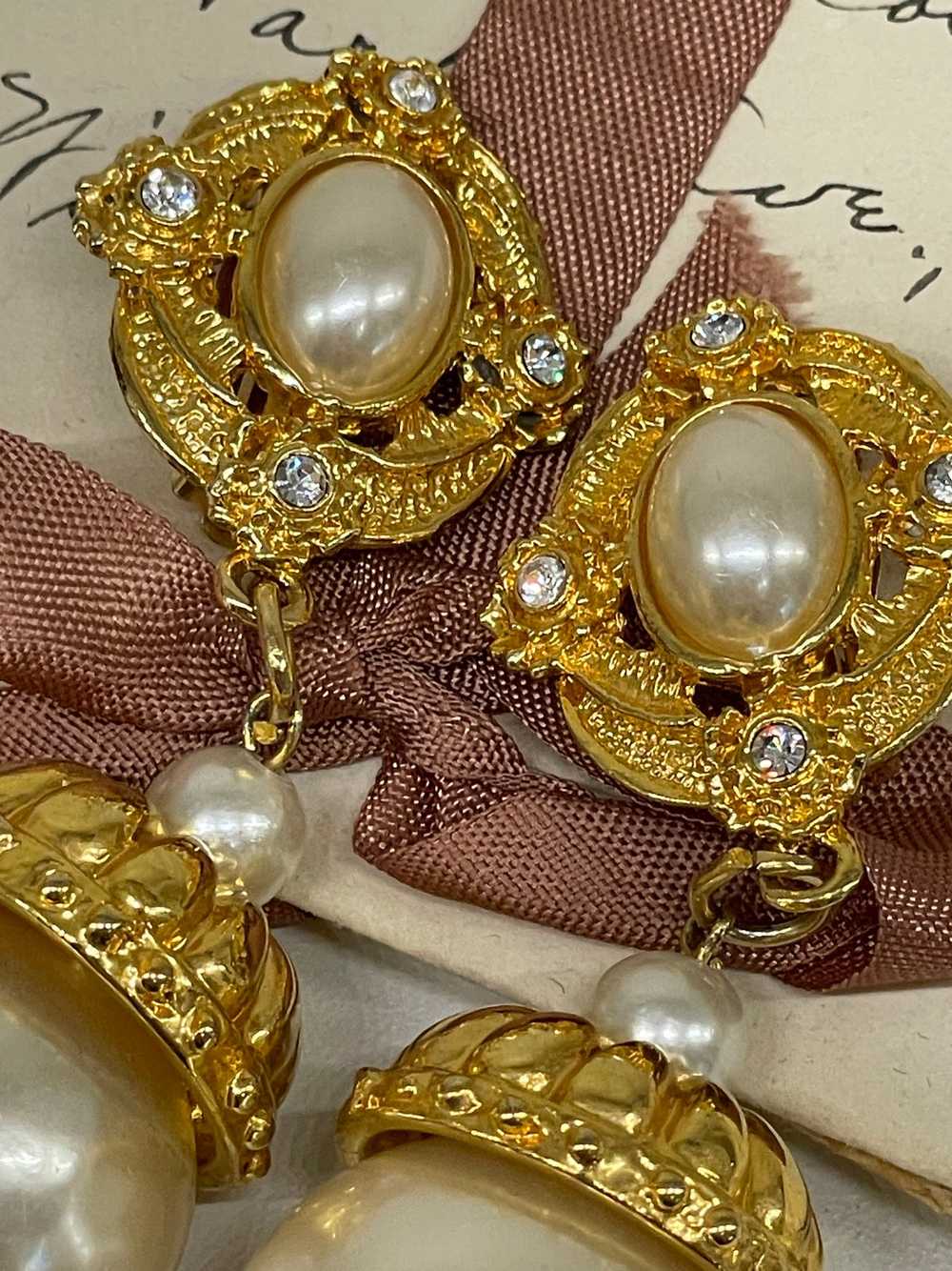 Large Gold Pearl and Rhinestone Earrings - image 2
